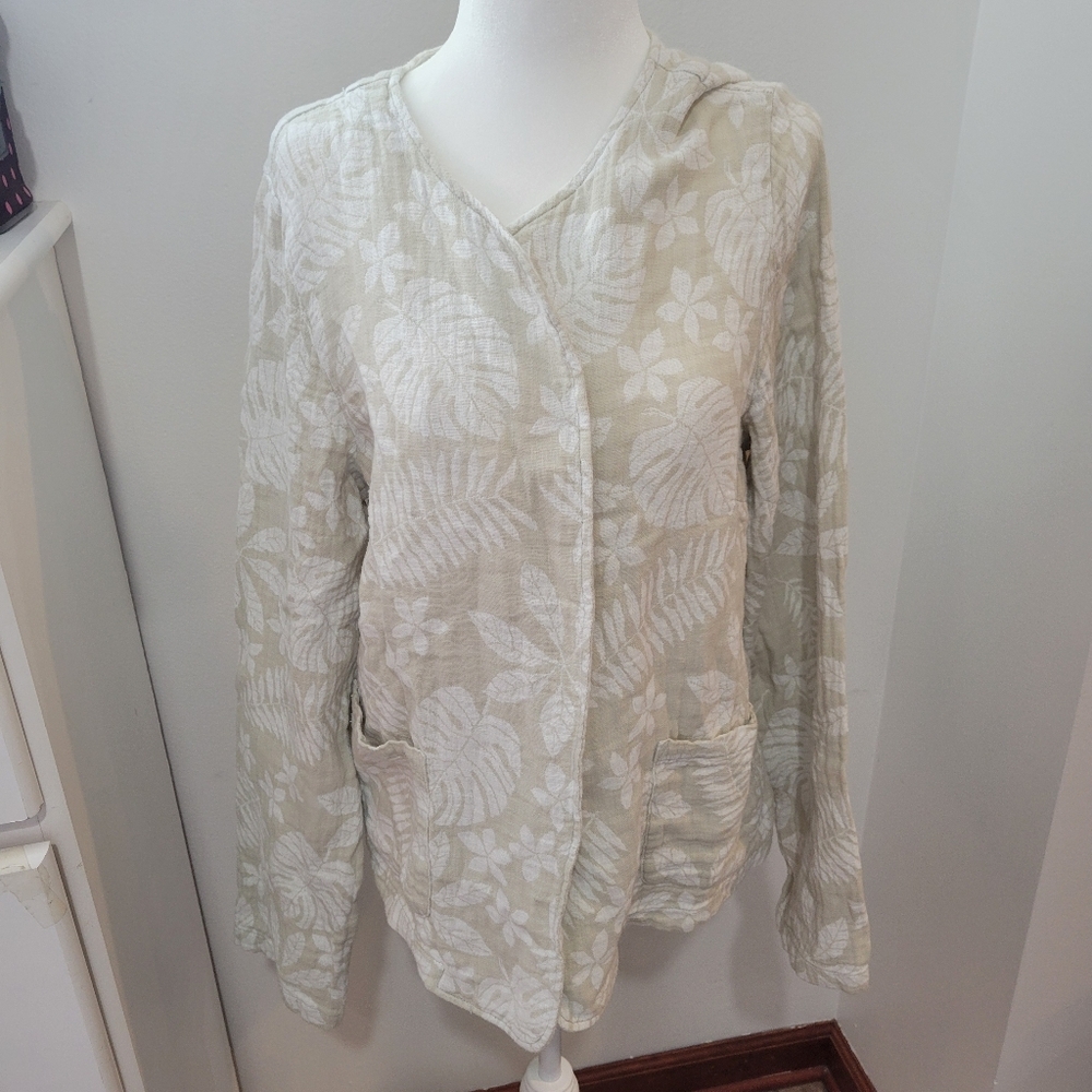 Tahari Open Front Neutral Floral Linen Quiet Luxury Elevated Cardigan XL